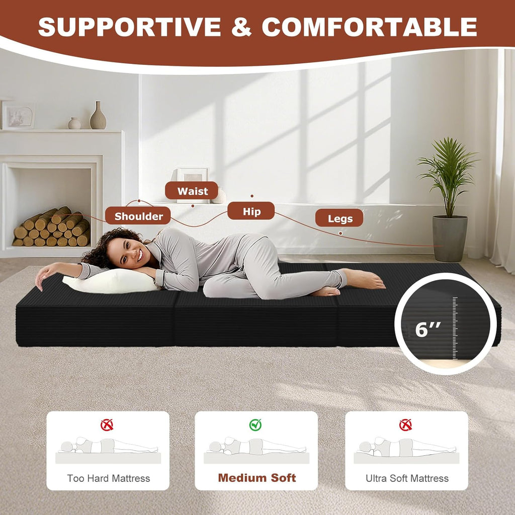 6-Inch Tri-Fold Foldable Mattress, Folding Sofa Bed with Removable Washable Cover, Portable Futon Mattress Full Size Floor Guest Mat with Non-Slip Bottom & Carry Handles for Camping (Black, Queen)