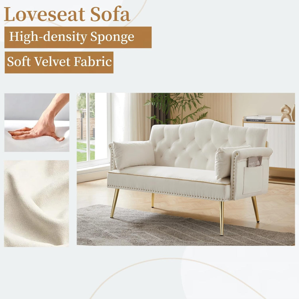 oaaktu Small Velvet Loveseat Sofa with Gold Metal Legs,55-inch Modern Sofa Couch with 2 Side Pockets,Couch with Tufted Backrest for Living Room Bedroom Office (Beige)
