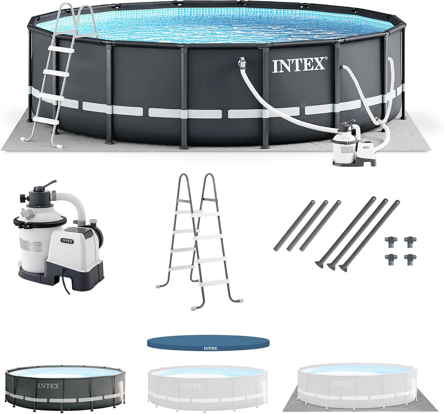 Intex Ultra XTR Frame 14' x 42' Round Above Ground Outdoor Swimming Pool Set with Sand Filter Pump, Ladder, Ground Cloth, and Pool Cover