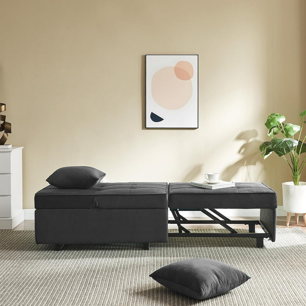 Sofa Bed 4-in-1 Convertible pull out Couch, Velvet Love seat Couch Sleeper Chair Bed with 2 Throw Pillow, Single Recliner with 5 Adjustable Backrests for Living Room Apartment Small Space, Dark Grey