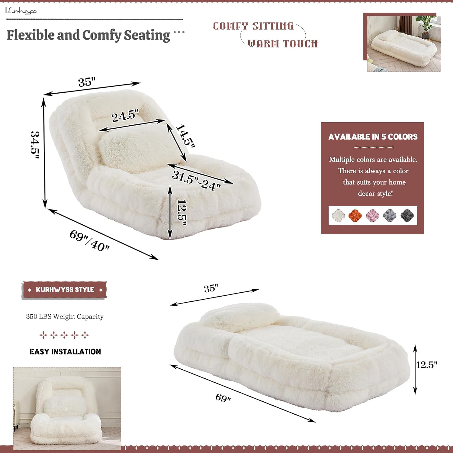 Upholstered Human Dog Bed for Adult & Pets, Convertible Lazy Sofa Bed with 5 Adjustable Position, Comfy Tatami Bean Bag Lounge Chair with a Soft Pillow for Bedroom Living Room (Beige Fluffy)