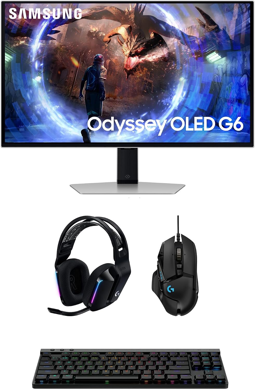 Samsung LS27DG602SNXZA 27' G60SD Odyssey OLED QHD 360Hz Gaming Monitor with G733 Headset, G515 Keyboard, and G502 Mouse (2024)