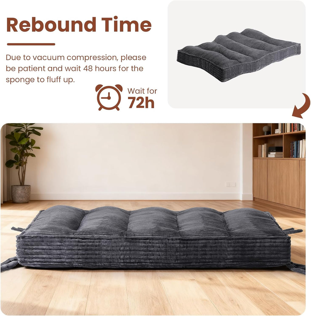10' Futon Mattress Queen Size,Futons Sofa Couch Bed with Straps, Thick Corduroy Floor Mattress for Adults, Roll Up Folding Mattress Shredded Foam Filling, Medium Firm (Gray, Full)