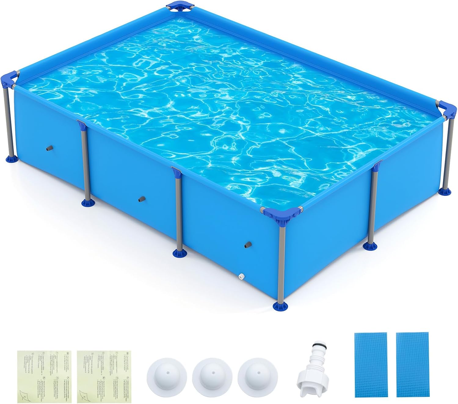 Goplus Above Ground Swimming Pool, 8.5'x6'x26'' Metal Frame Pool Set w/PVC Fabric, 3 Stoppers, Drainage Valve Connector, for Outdoor, Backyard, Garden, Patio (8.5' x 6' Rectangle, 690 Gal, Blue)