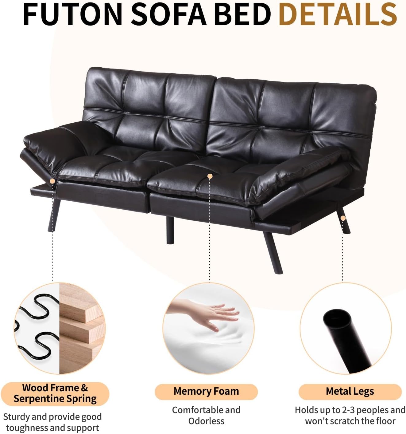 MUUEGM Convertible Memory Foam Sofa Bed with Adjustable Backrest & Armrest, Modern Futon Couch for Living Room, Office, Apartment, Space-Saving Design, Easy Assembly,Black