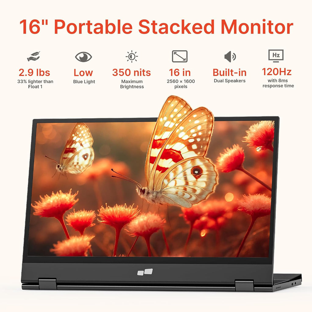 Portable Monitor - Mobile Pixels Duex Float 2 Pro 16-inch 2.5K Laptop Monitors, New Stacked Monitor for 15-16-inch Laptops. Built-in Dual Speakers, USB C/HDMI, Window/Mac/PC/Android Compatible