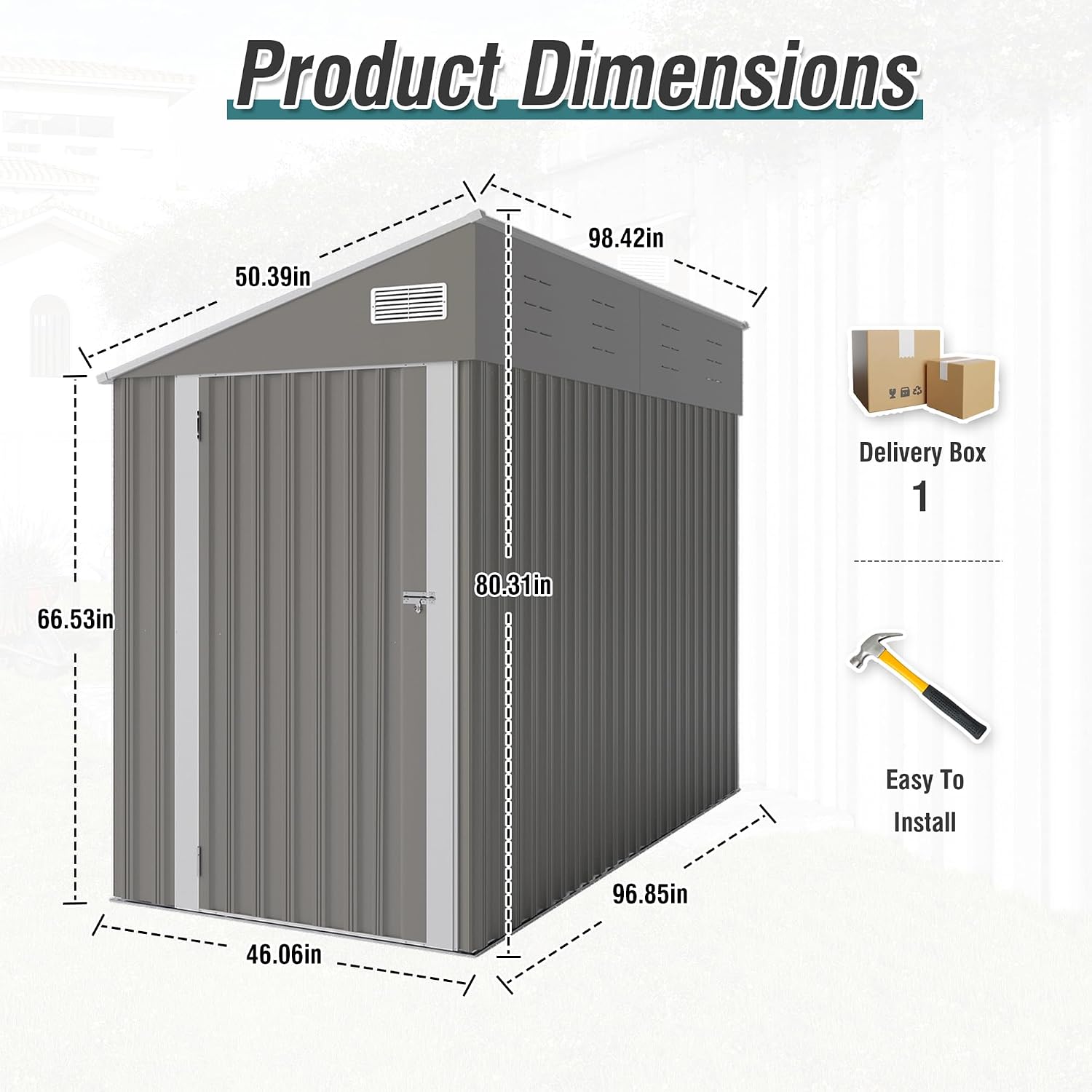 4x8FT Outdoor Lean to Storage Shed, Metal Wall Side Sheds Garden Tool Storage Shed W/Lockable Door and Air Vents, Waterproof Garden Shed Utility Tool for Backyard, Patio, Lawn