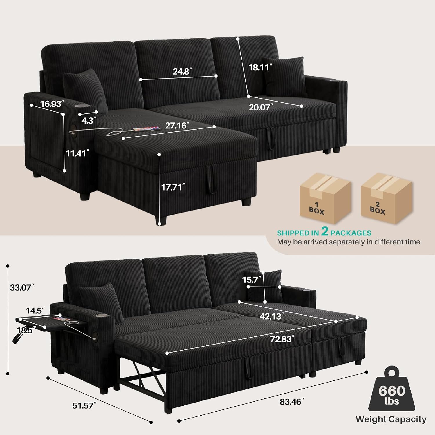 Sleeper Sectional Sofa, 83' Convertible Sofa Bed with Pull Out Couches, Small Desktop, L Shaped Couch with Reversible Chaise, Cup Holders, USB, Modern Corduroy Sofas for Living Room Apartment, Black
