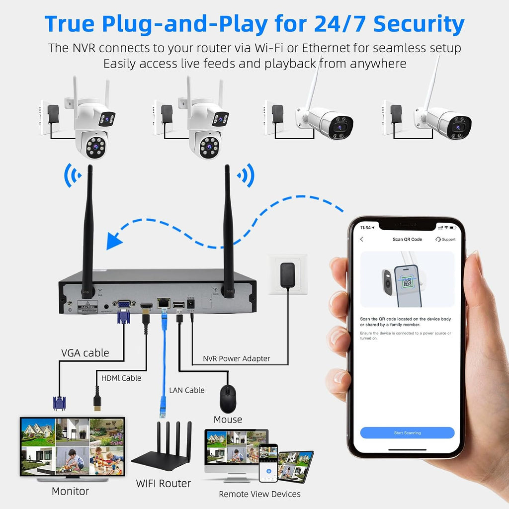 Wireless Security Camera NVR System, 2 Bullet Cam + 2 Dome Cam, 6 Screen Max. up to 16CH, 2K HD 3MP View, Dual-Band WiFi Connection, Smart Color Night Vision, 1TB HDD Local Storage