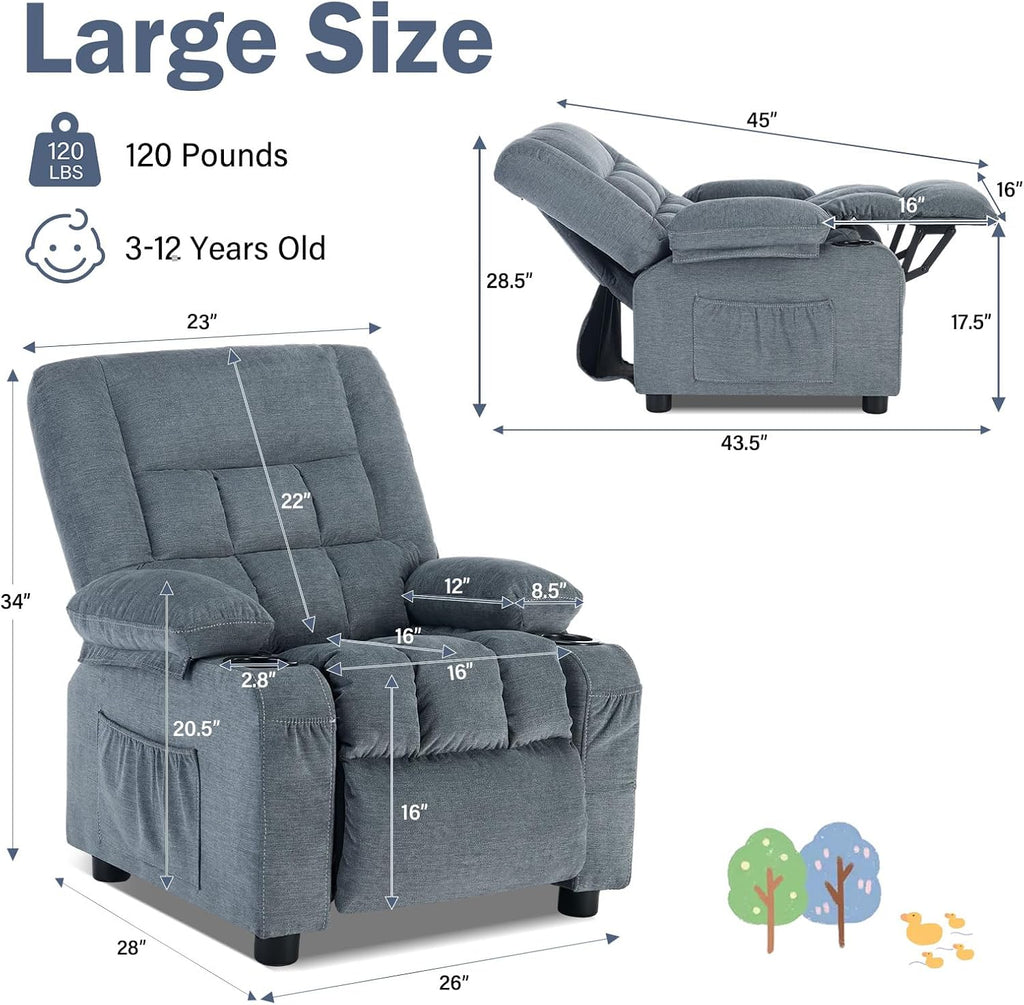 BOSMILLER Kids Recliner Chair， Push Back Toddler Recliner with Cup Holders & Side Pockets， Adjustable Footrest & Headrest Kids Sofa for Boys Girls 3+ Age Group