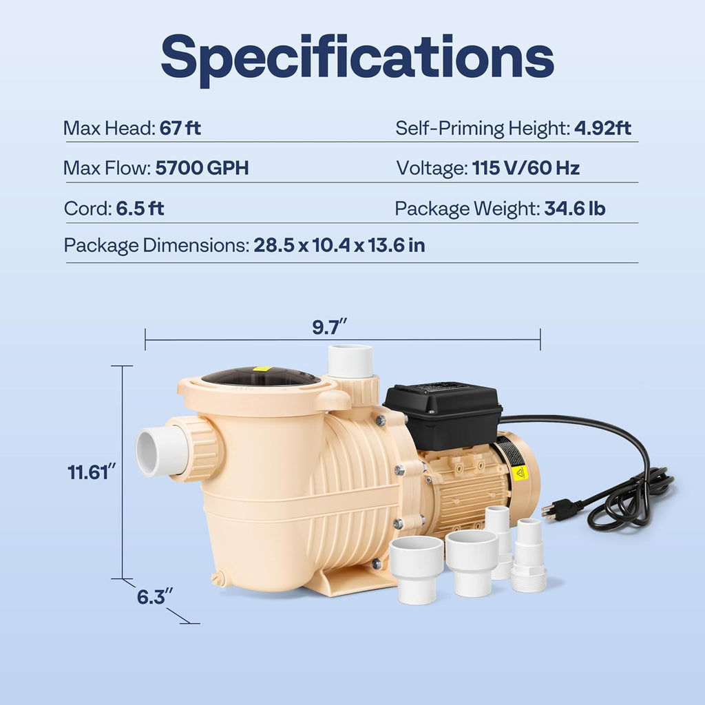 VIVOHOME 2.0HP 115V Variable Speed Pool Pump, Self-Priming Energy Saving, 1.5' & 2' Inlet w/Strainer Basket for in/Above Ground Pools