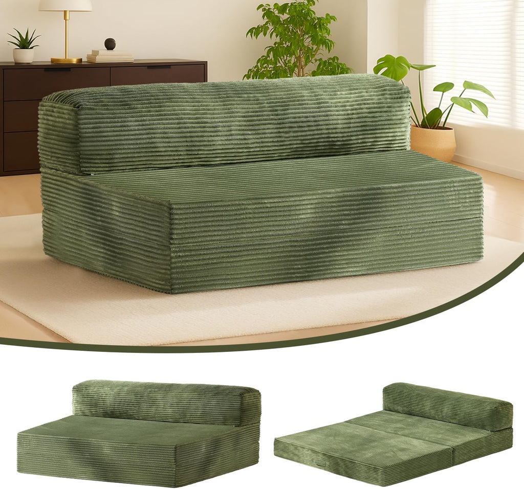 Folding Futon Sofa Bed Full Size, 6 inch Convertible Floor Couch Bed with Removable Corduroy Cover, Pull Out Couch for Small Spaces High-Density Foam,Green
