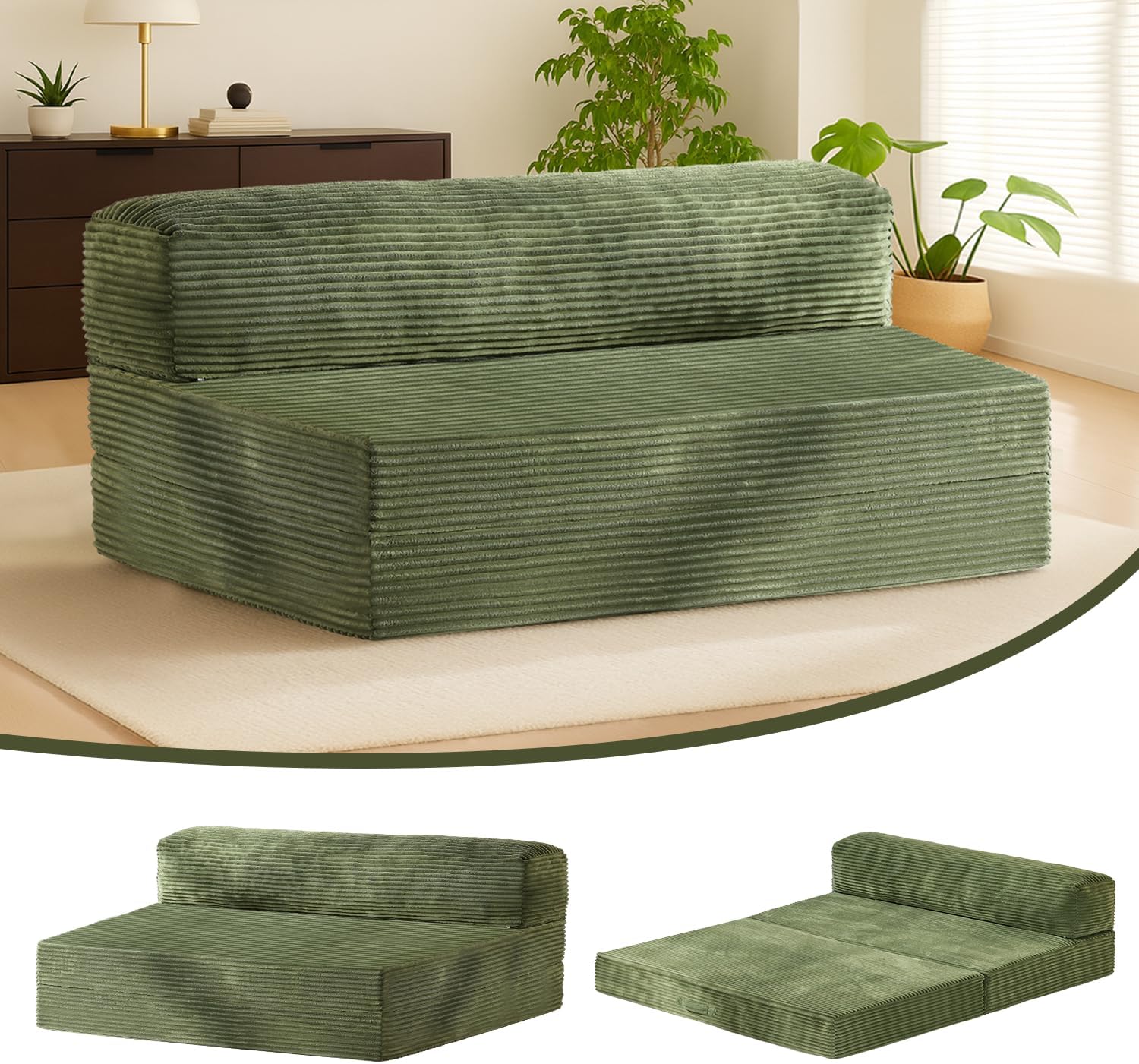 Folding Futon Sofa Bed Full Size, 6 inch Convertible Floor Couch Bed with Removable Corduroy Cover, Pull Out Couch for Small Spaces High-Density Foam,Green