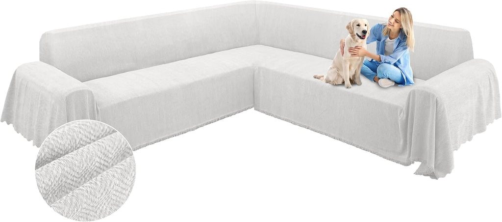ALIECOM Corner Sectional Couch Covers L Shape Sofa Cover with Tassel Chenille Soft Thick U Shaped Sectional Slipcovers Washable Furniture Protector for Pets Dogs Cats (Air Grey, 91x275 Inch)