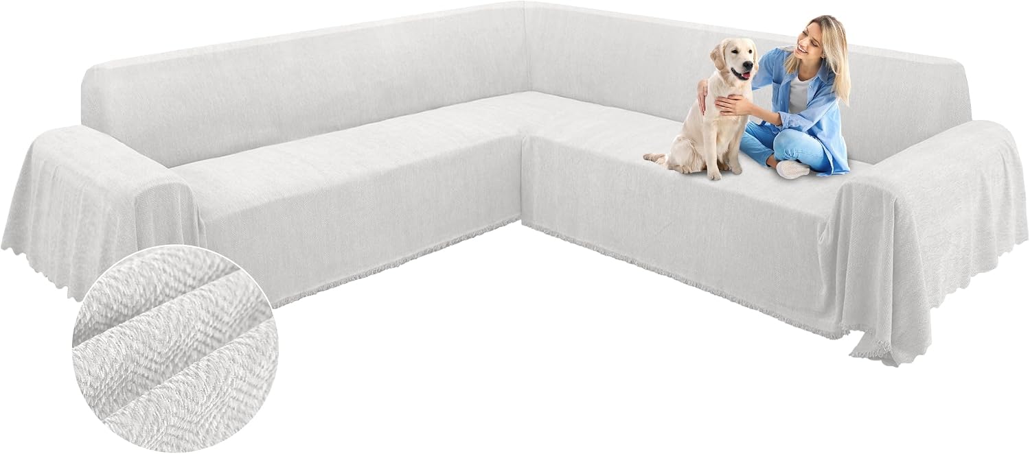 ALIECOM Corner Sectional Couch Covers L Shape Sofa Cover with Tassel Chenille Soft Thick U Shaped Sectional Slipcovers Washable Furniture Protector for Pets Dogs Cats (Air Grey, 91x275 Inch)
