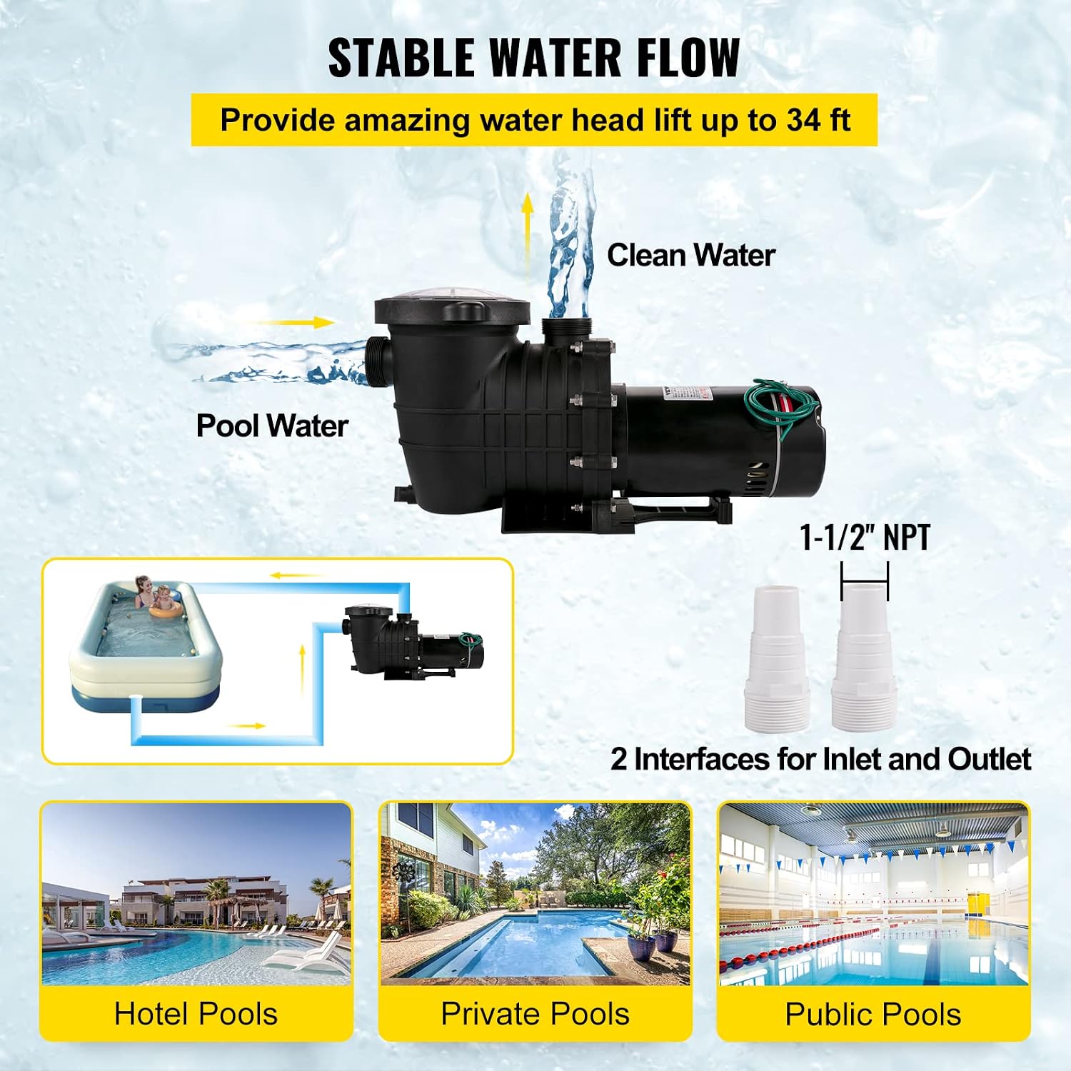 VEVOR 1HP Swimming Pool Pump, Dual Voltage 110V/220V, Circulates 5544GPH for Efficient Water Movement Above Pools, Includes Strainer Basket & Two 1-1/2'' NPT Connectors