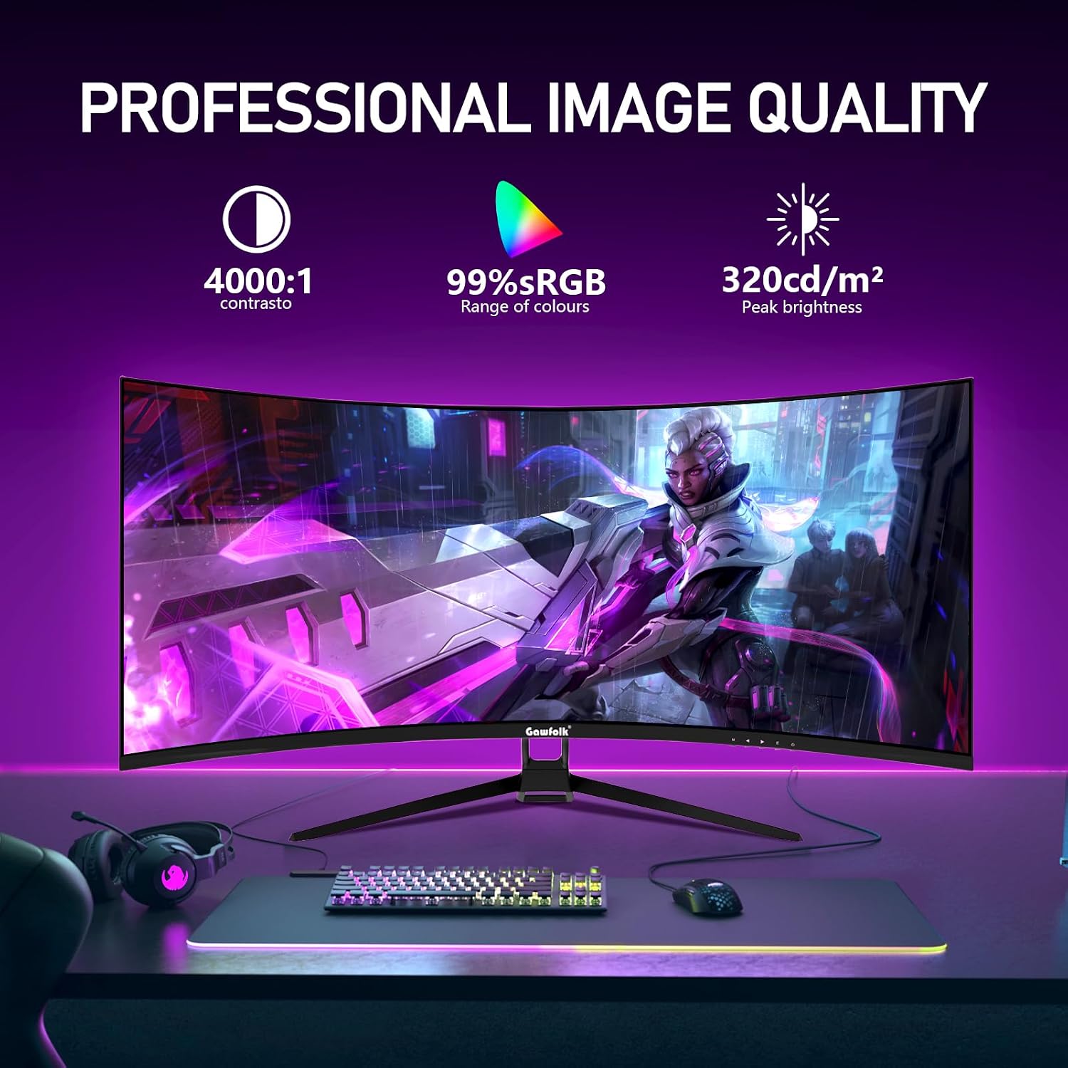 Gawfolk 34 Inch Ultrawide Curved 144Hz Gaming Computer Monitor 1500R PC Screen,21:9 UWQHD (3440x1440),Adaptive Sync,178° Viewing Angle,Display Port、HDMI2.0,Compatible with wall mounting - Black