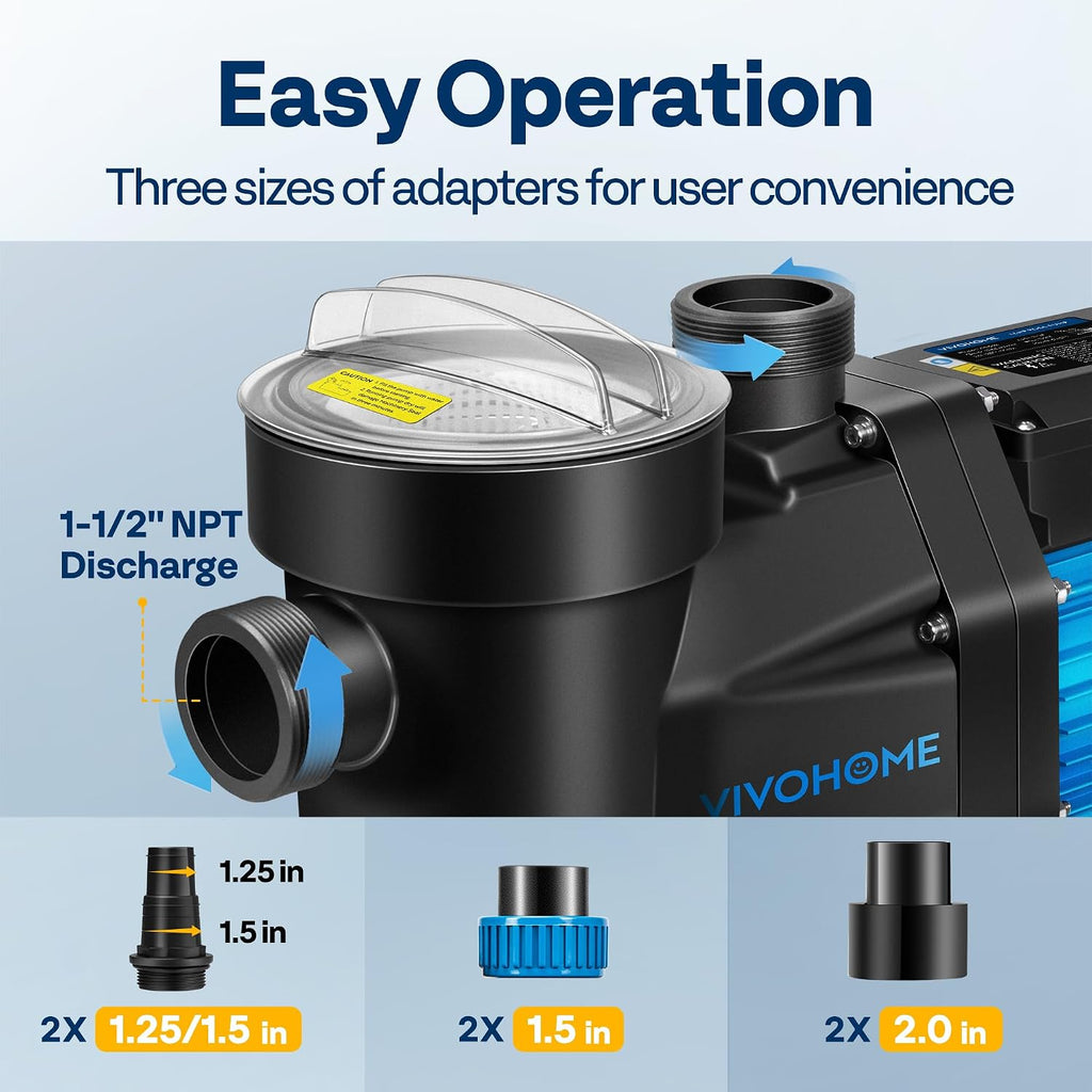 VIVOHOME Self Primming in/Above Ground Swimming Pool Pump w 1.25'' & 1.5' & 2.0'' Unions Energy Saving w/Strainer Baske, 6950 GPH