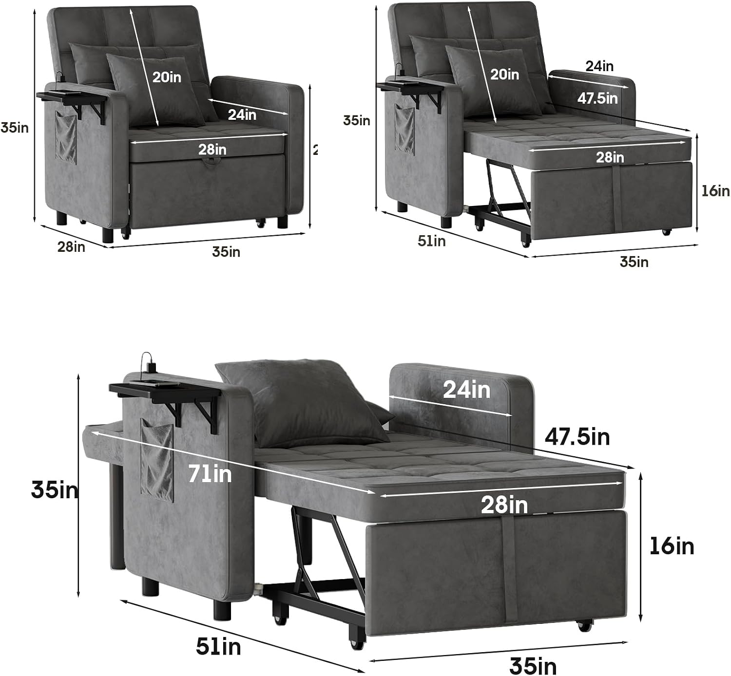 Vabches Sofa Bed Chair 3-in-1 Convertible, Sofa Bed Couches with Wing Table and USB Ports Outlet, Velvet Sleeper Chair with Adjustable Backrest and Two Pillows, Easy Assembly, Dark Grey