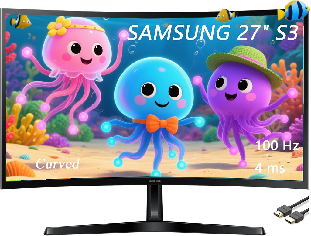 Samsung 27' Essential S3 Series LED Curved Monitor, FHD 1800R, Game Mode, 100Hz, Dual Ports, Eye Comfort, Black, with GSF HDMI Cable