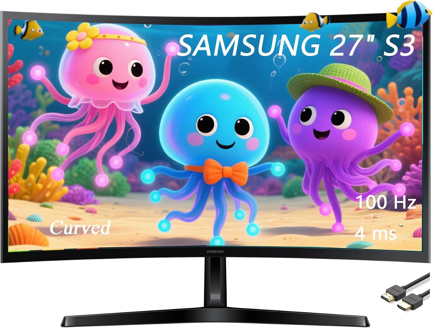 Samsung 27' Essential S3 Series LED Curved Monitor, FHD 1800R, Game Mode, 100Hz, Dual Ports, Eye Comfort, Black, with GSF HDMI Cable