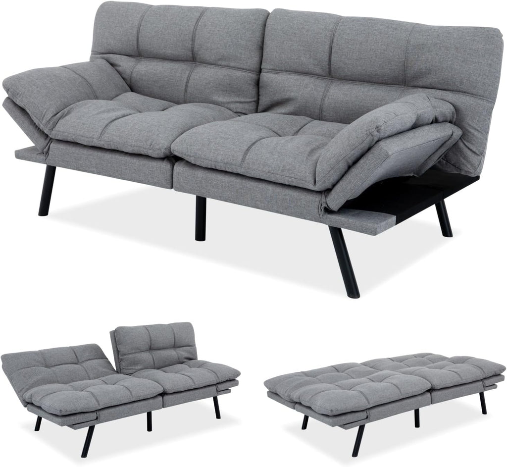 MUUEGM 71-Inch Convertible Futon Sofa Bed with Adjustable Backrest & Removable Armrests, Foldable Sleeper Loveseat for Small Space Living Room, Studio Apartment, Home Office，Light Gray