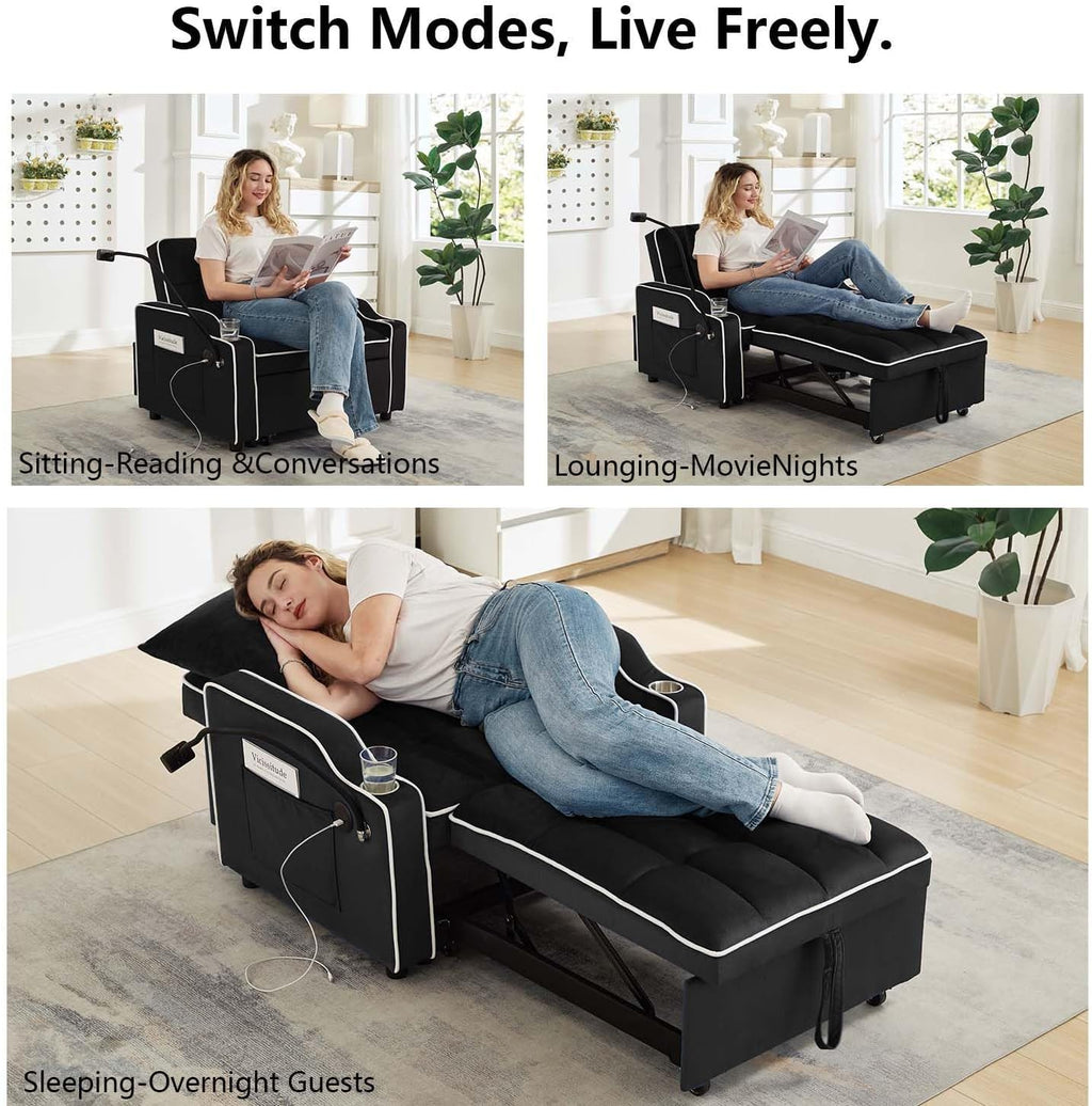 Convertible Sofa Bed, 3 in 1 Futon Sofa Bed with USB Charging Ports, Cup Holder, Phone Stand & Pocket, Modern Upholstered Sleeper Sofa for Living Room, Apartment or Small Space (Black)
