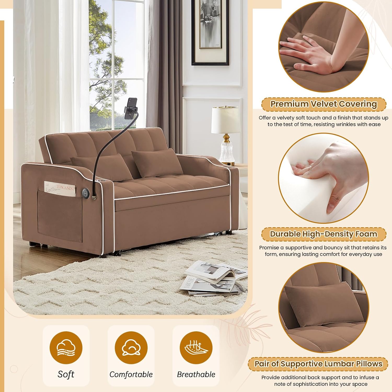 Sleeper Sofa Couch Bed with Phone Holder, Modern 3-in-1 Convertible Velvet Pull Out Loveseat Futon Sofa with USB & Type C Port & Cup Holder for Living Room Bedroom Office