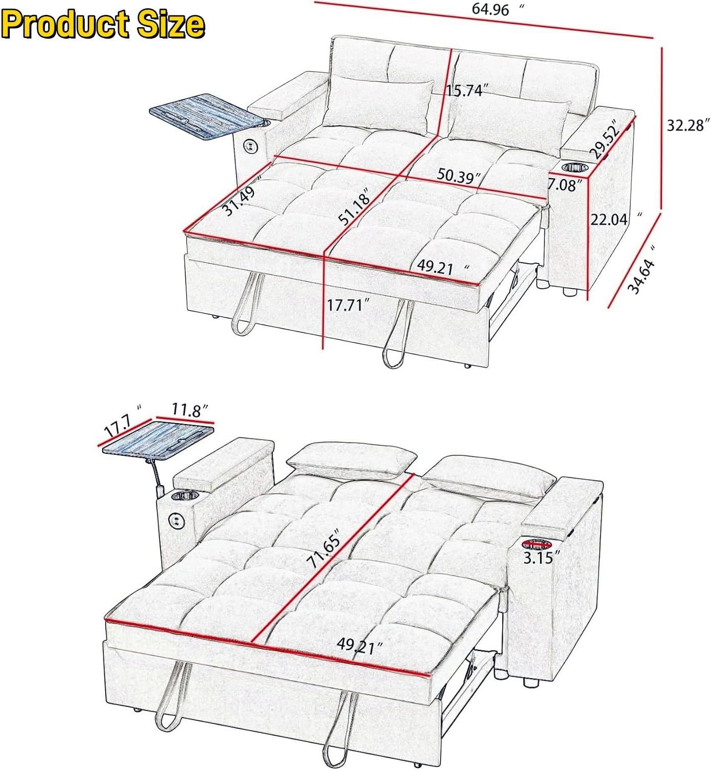 oaaktu ﻿ 65''Convertible Sleeper Sofa Bed,3-in-1 Pull Out Couch Bed with 360 Degree rotatable Side Table and USB Ports for Living Room,RV (07Black)