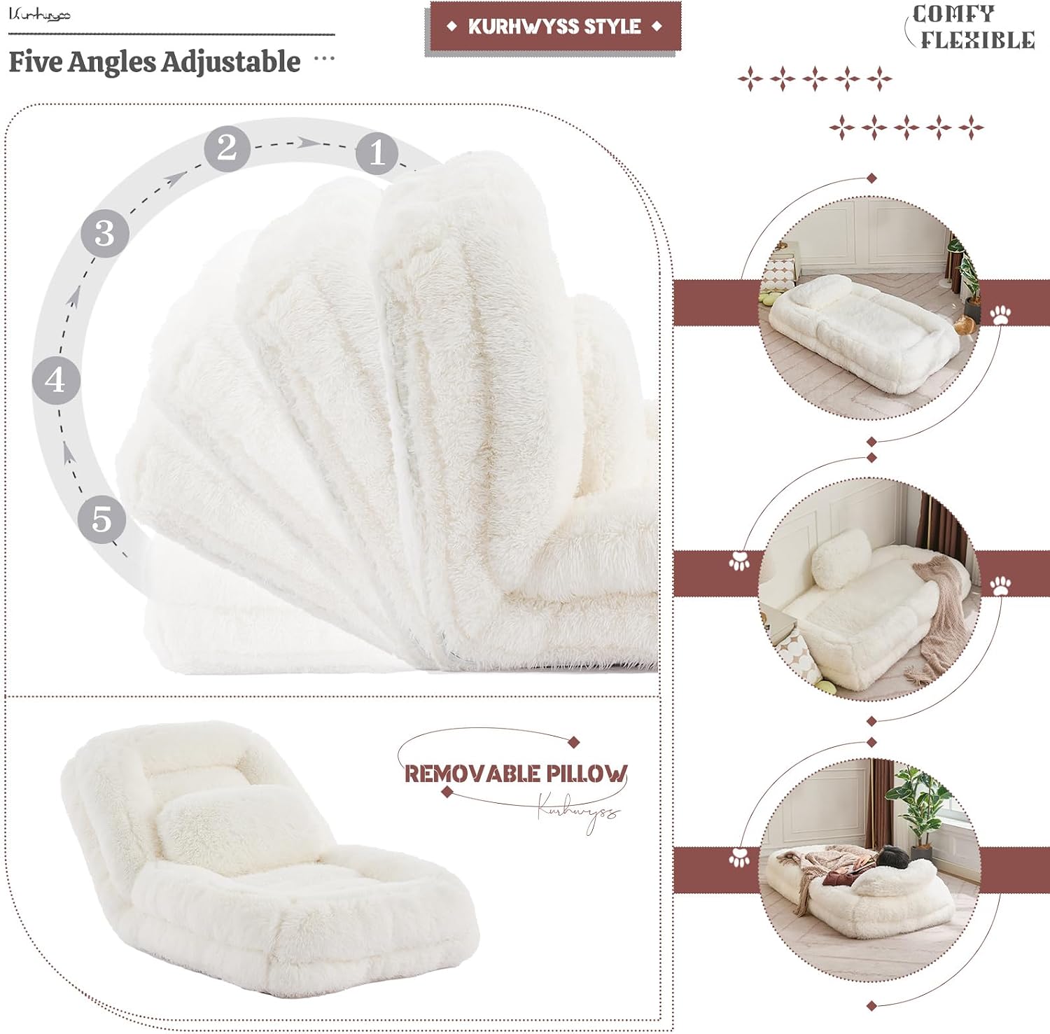Upholstered Human Dog Bed for Adult & Pets, Convertible Lazy Sofa Bed with 5 Adjustable Position, Comfy Tatami Bean Bag Lounge Chair with a Soft Pillow for Bedroom Living Room (Beige Fluffy)