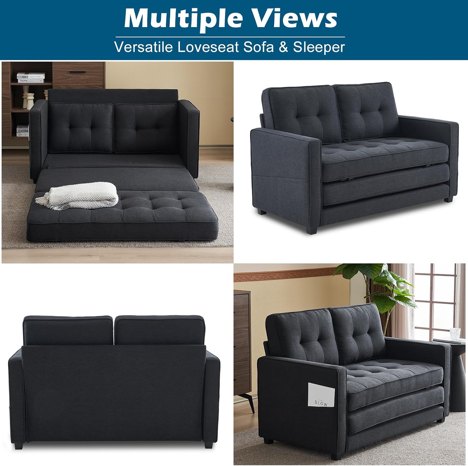 VINGLI Upgraded Loveseat Sleeper, 53.5' W 83' L Convertible Sofa Bed Couch Futon Couches for Living Room, Folding Couch Bed for Small Spaces, Fold Out Floor Gaming Sofa Bed for Basement, Black