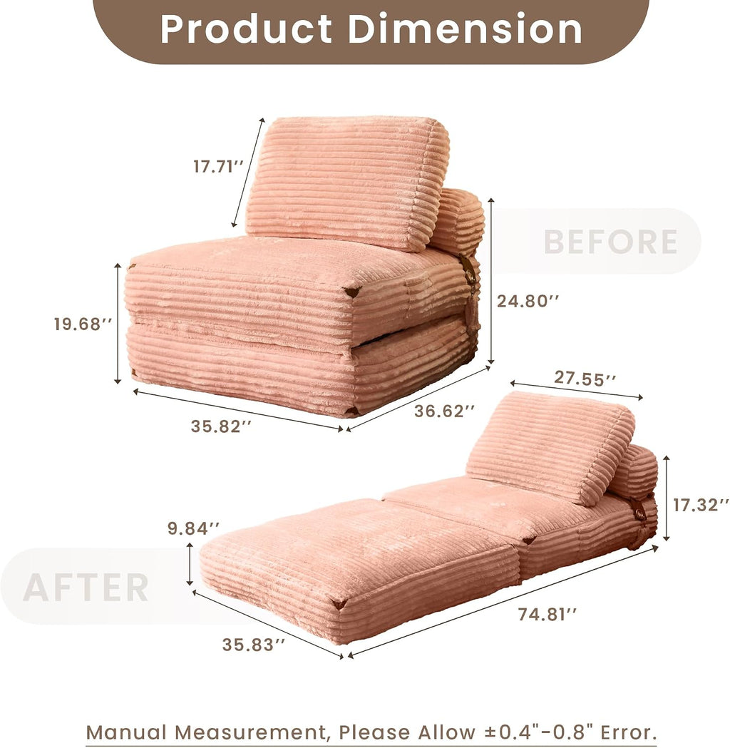 ovios Folding Sofa Bed, Foldable Sleeper Chair Floor Futon, Comfy Portable Convertible Fold Out Lounge Chairs for Living Room Bedroom, Pink