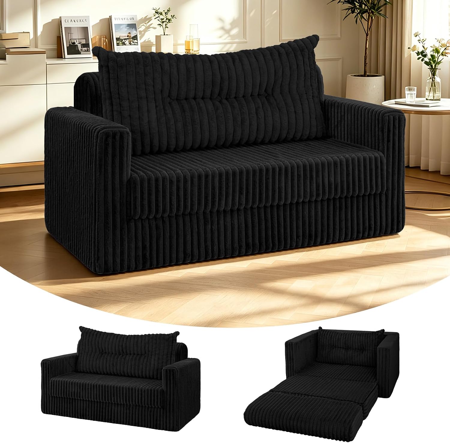 HABUTWAY Folding Sofa Bed, 2 in 1 Convertible Sleeper Chair with Pillow, Portable Fold Out Chair Bed with Armrest, Comfy Floor Couch, Lazy Sofa for Living Room Bedroom Dorm Home Office, Black