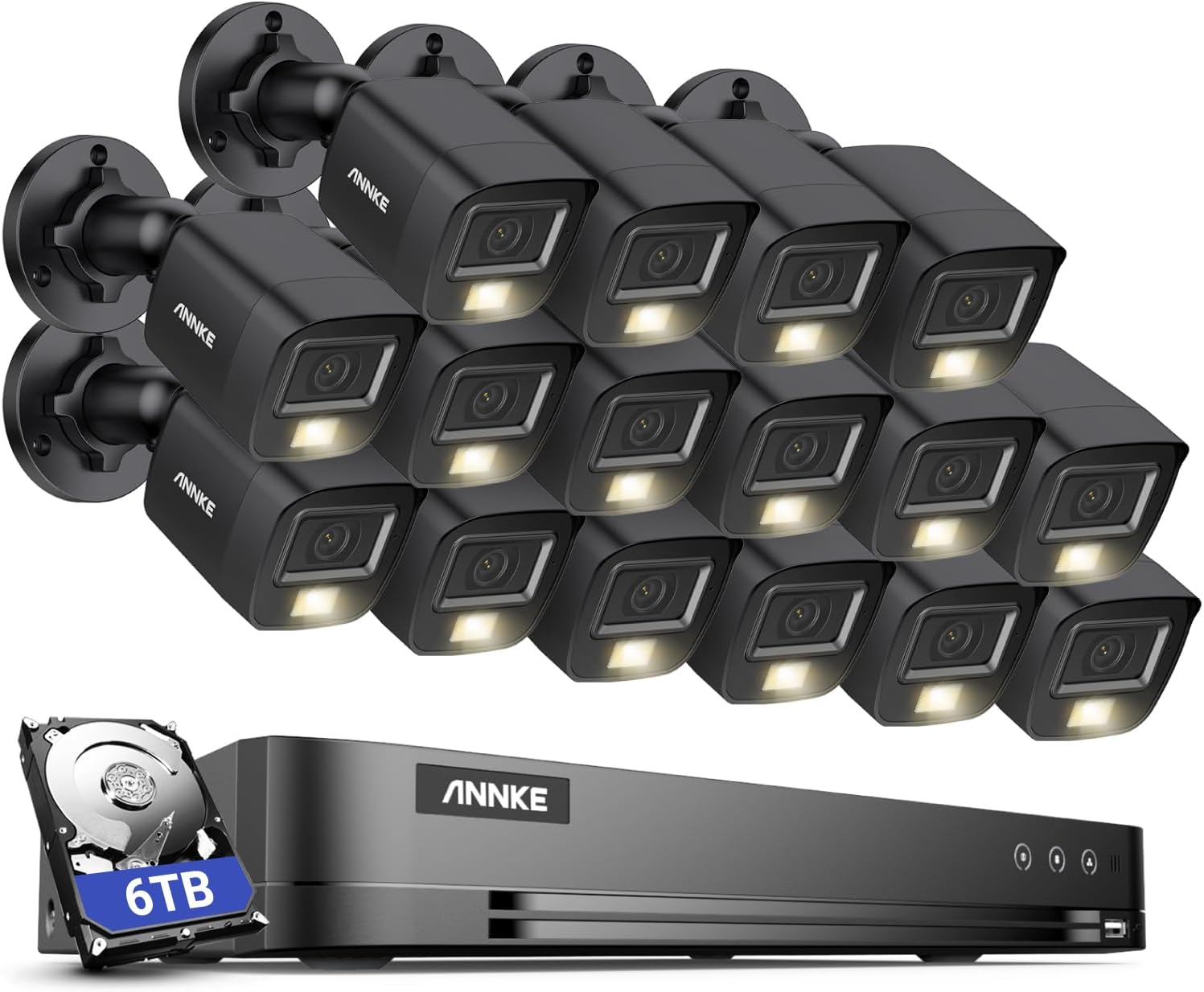ANNKE 16CH Wired Security Camera System with Mic/Audio, 8MP H.265+ 16 Channel DVR with AI Human/Vehicle Detection, 16x IP67 CCTV 3K Cam with Dual Color Night Vision, Compatible with Alexa, 6TB HDD