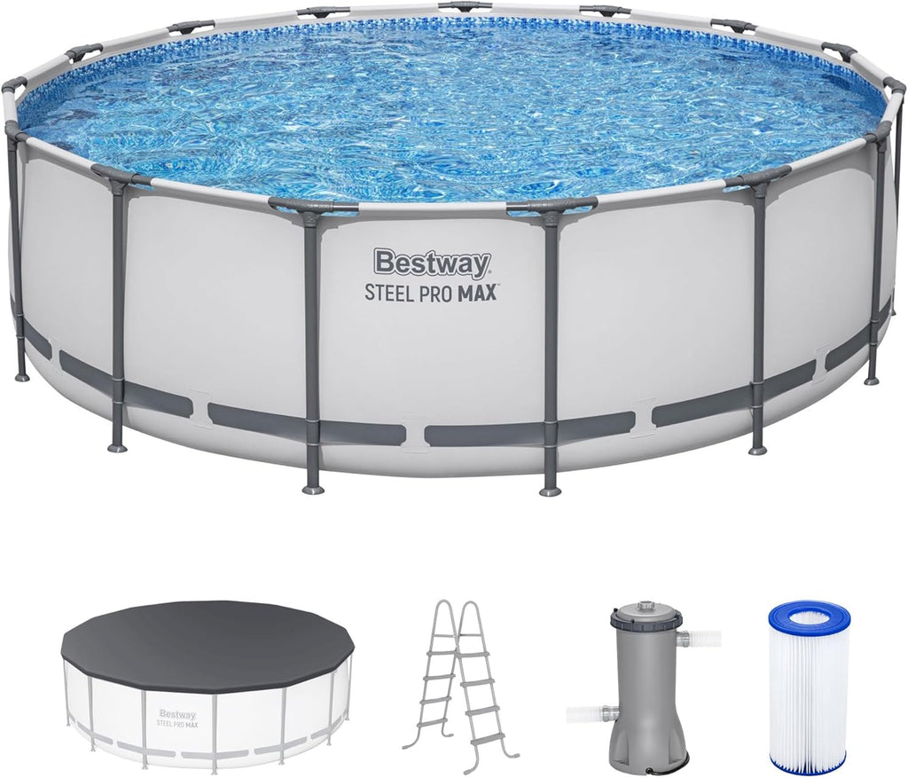 Bestway Steel Pro MAX 15' x 48' Above Ground Pool, Round Metal Frame Outdoor Swimming Pool Set with Filter Pump, Ladder, and Cover, Gray