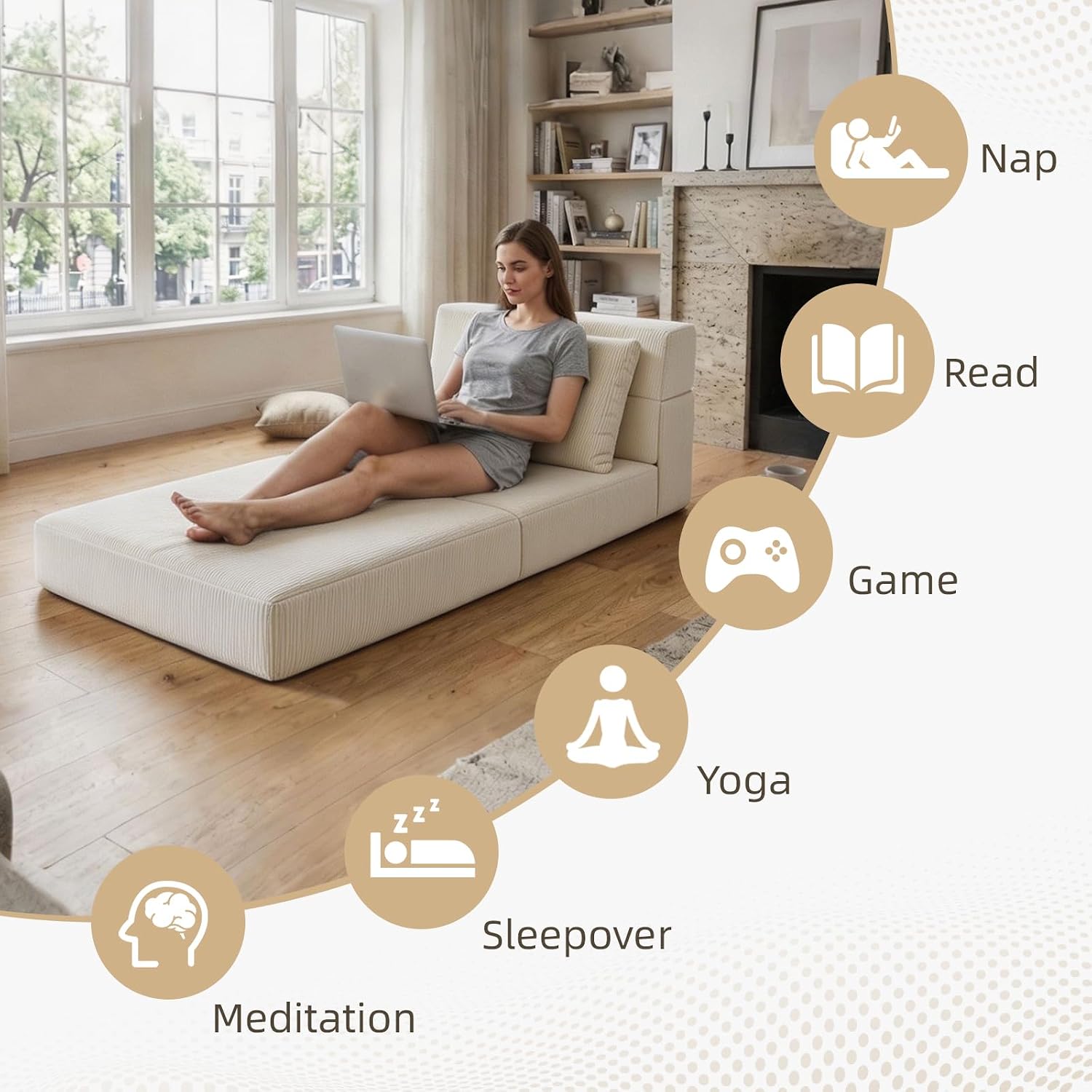 Folding Sofa Bed,Convertible Sleeper Chair with Pillow, Loveseat Fold Out Chair Bed, Memory Foam Floor Couch Mattress, Foldable Futon Couch Lounge for Living Room (Beige-Corduroy, Twin XL)