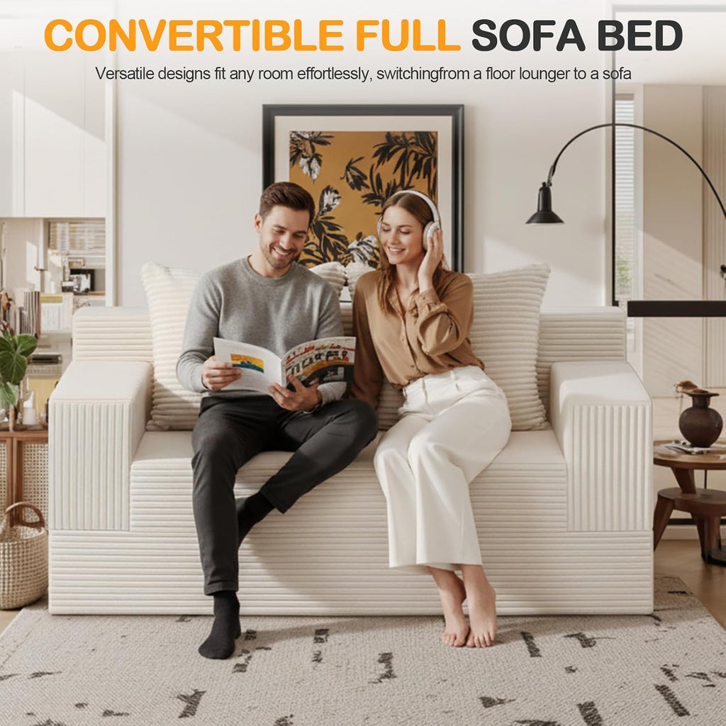 Erament Convertible Sofa Bed, Loveseat Folding Floor Futon Sleeper Sofa Couch Bed- Boneless Foldable Couch, Corduroy Pull Out Sofa Bed with 2 Pillows for Living Room & Bedroom