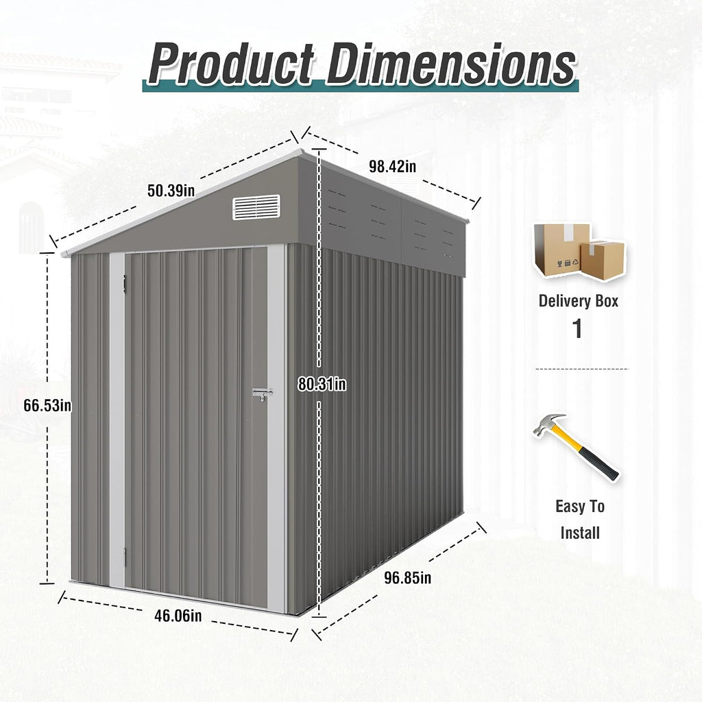 4x8 FT Metal Outdoor Storage Shed, Lean-to Garden Tool and Bike Shed with Lockable Door and Air Vents, Waterproof Sloped Roof Steel Utility Shed for Backyard, Patio,Lawn Equipment, Dark Gray