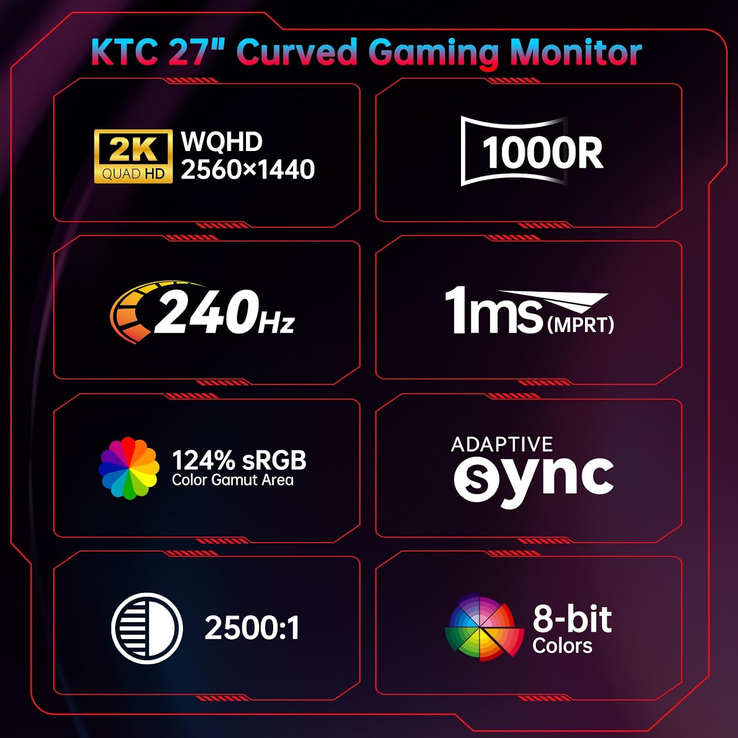 KTC 27 Inch 240Hz Curved Gaming Monitor, 2K QHD 2560x1440P Computer Monitor with 1000R, 2500:1 Contrast, Adaptive Sync, DP 1.4, HDMI 2.0, VESA, Tiltable, H27S25E