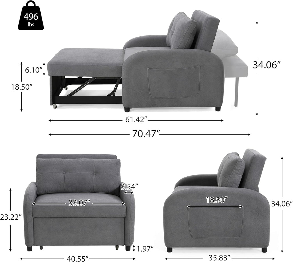 Merax 3-in-1 Convertible Sleeper Sofa Bed, Loveseat to Bed with Pullout Design, Soft Cotton Linen Fabric, Includes Pillow & Side Pockets for Small Spaces, Apartment, Living Room, Grey