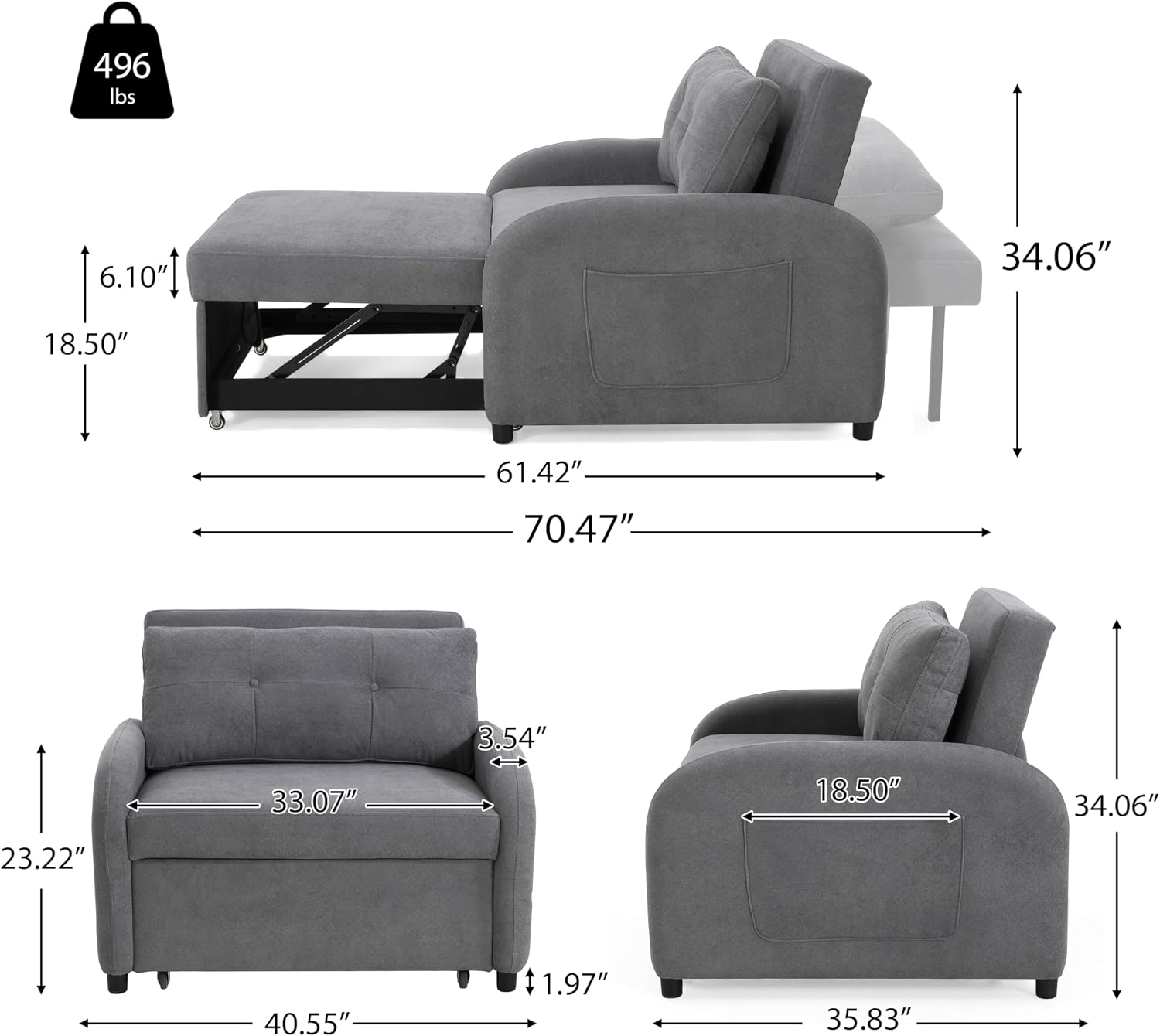 Merax 3-in-1 Convertible Sleeper Sofa Bed, Loveseat to Bed with Pullout Design, Soft Cotton Linen Fabric, Includes Pillow & Side Pockets for Small Spaces, Apartment, Living Room, Grey