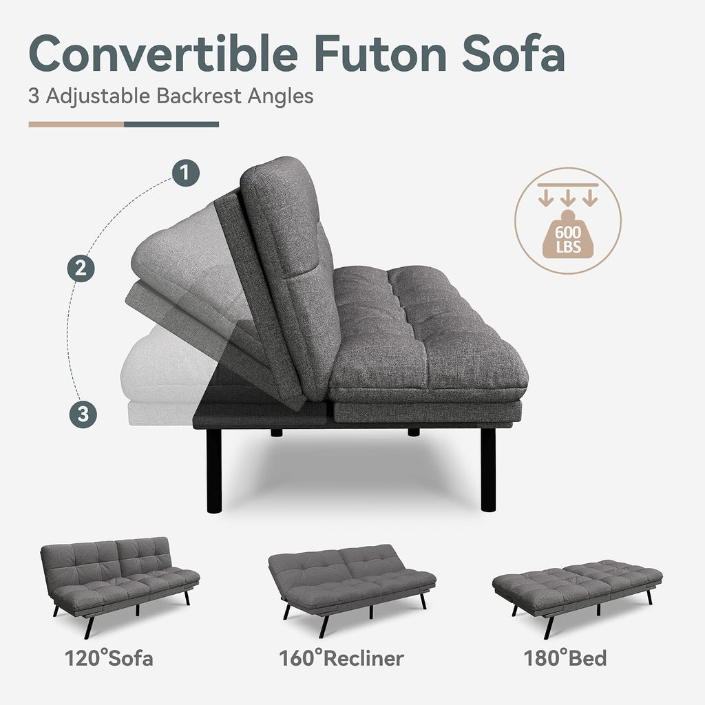 Futon Sofa Bed Convertible Couch, Grey Linen Sofa Bed with Memory Foam, Adjustable Backrest & Armrests, Multifunctional Small Loveseat Sleeper Sofa for Living Room, Apartment, Office