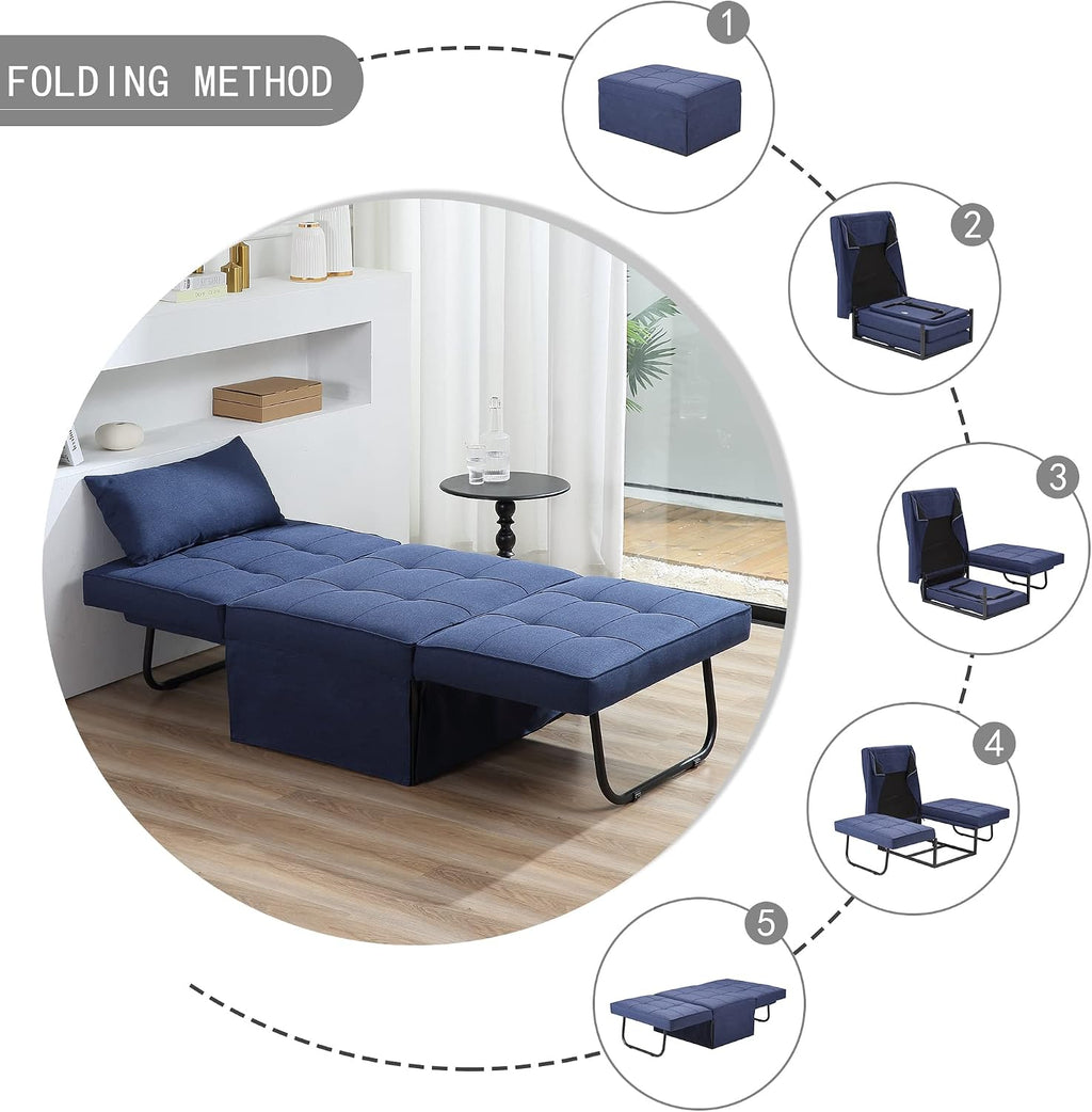 BIGSYY Sofa Bed, Set of 4 in 1 Multi-Function Folding Ottoman Breathable Linen Couch Bed with Adjustable Backrest Modern Convertible Chair for Living Room Apartment Office, Blue