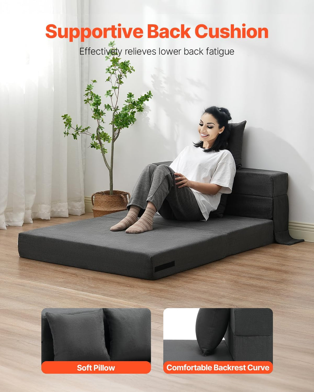 VEVOR Folding Sofa Bed, 3-in-1 Foldable Couch Bed with 2 Pillows and Washable Cover, 25D High Density Memory Foam Convertible Sleeper Chair Bed, Futon Couch for Living Room, Bedroom, Dark Grey(Twin)