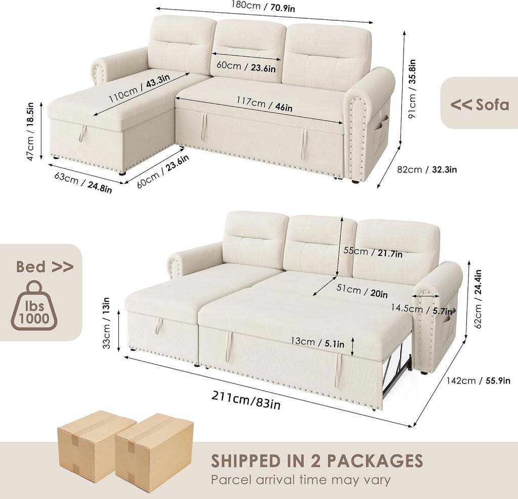 Sleeper Sofa Bed, 83'' Pull Out Couch Bed with Reversible Storage Chaise & Nailhead Armrest, Sectional Couches for Living Room, Side Pocket & Charging Station, Removable Backrest, Velvet Fabric, Beige