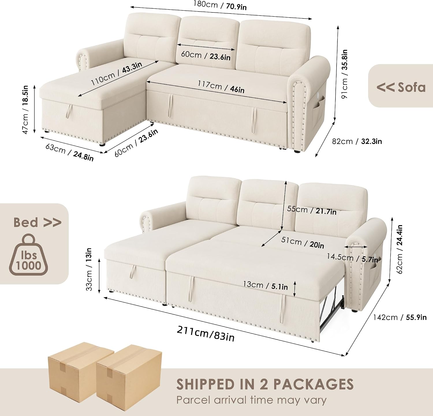 Sleeper Sofa Bed, 83'' Pull Out Couch Bed with Reversible Storage Chaise & Nailhead Armrest, Sectional Couches for Living Room, Side Pocket & Charging Station, Removable Backrest, Velvet Fabric, Beige