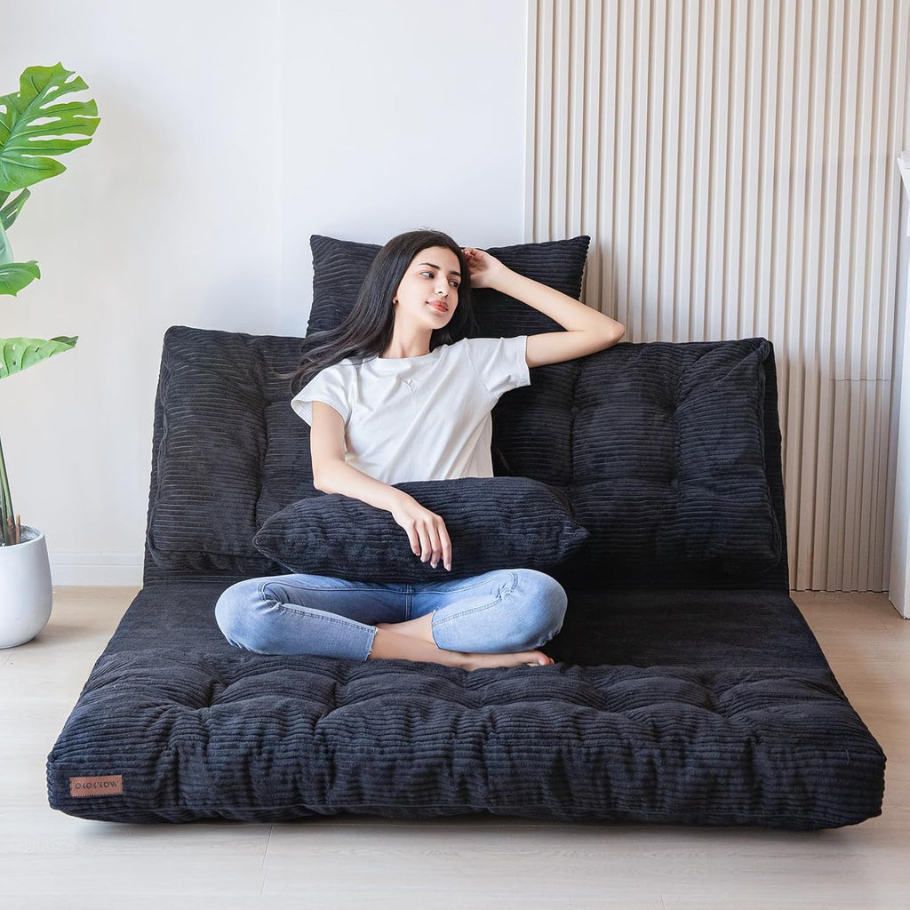 MAXYOYO Folding Sofa Bed, Tufted Bean Bag Bed with Pillows Floor Mattress for Adults, Extra Thick and Long Floor Sofa, Twin Couch for Bedroom Living Room, Black, 39x91 Inch