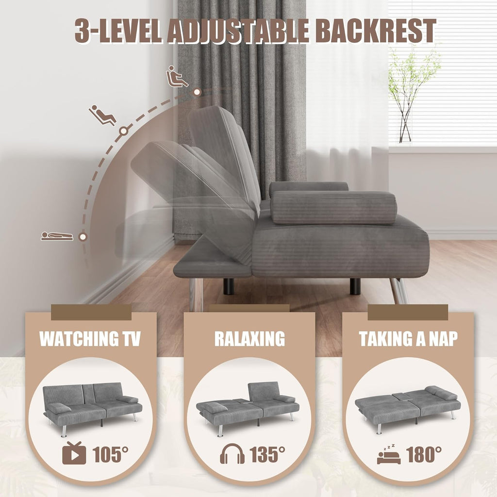 YESHOMY Futon Sofa Bed, Futon Couch with Adjustable Backrest, Convertible Sleeper Sofa with Removable Armrests, Loveseat in Corduroy with 2 Cup Holders for Living Room, Apartment (Grey)