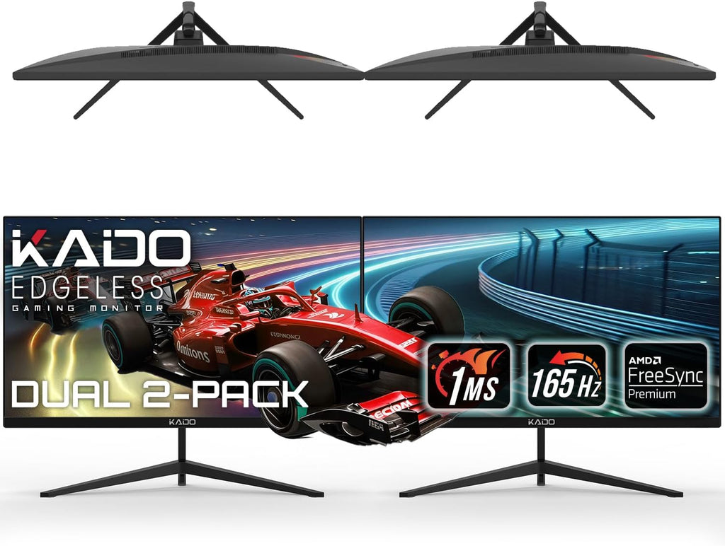Kado Dual Gaming Monitor Setup - 2-Pack 27' 165Hz 1ms 1920x1080 Flat Screen, AMD FreeSync Premium, Panoramic Gaming Multi-View Split Screen Streaming, VESA Mount HDMI DisplayPort Built-in Speakers