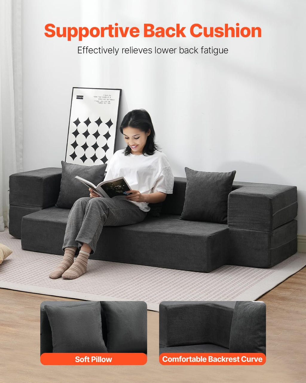 VEVOR Folding Sofa Bed, 3-in-1 Foldable Couch Bed with 3 Pillows and Washable Cover, 25D High Density Memory Foam Convertible Sleeper Chair Bed, Futon Couch, Dark Grey(Twin XL)